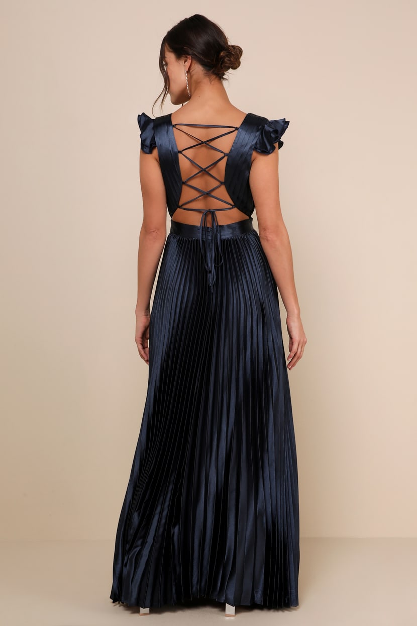 Exceptional Drama Navy Blue Satin Lace-Up Pleated Maxi Dress