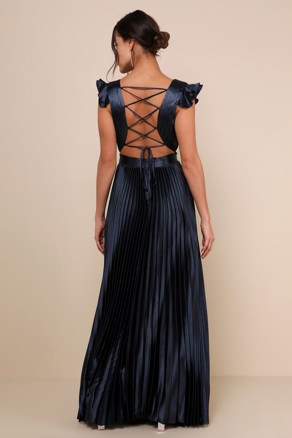 Exceptional Drama Navy Blue Satin Lace-Up Pleated Maxi Dress
