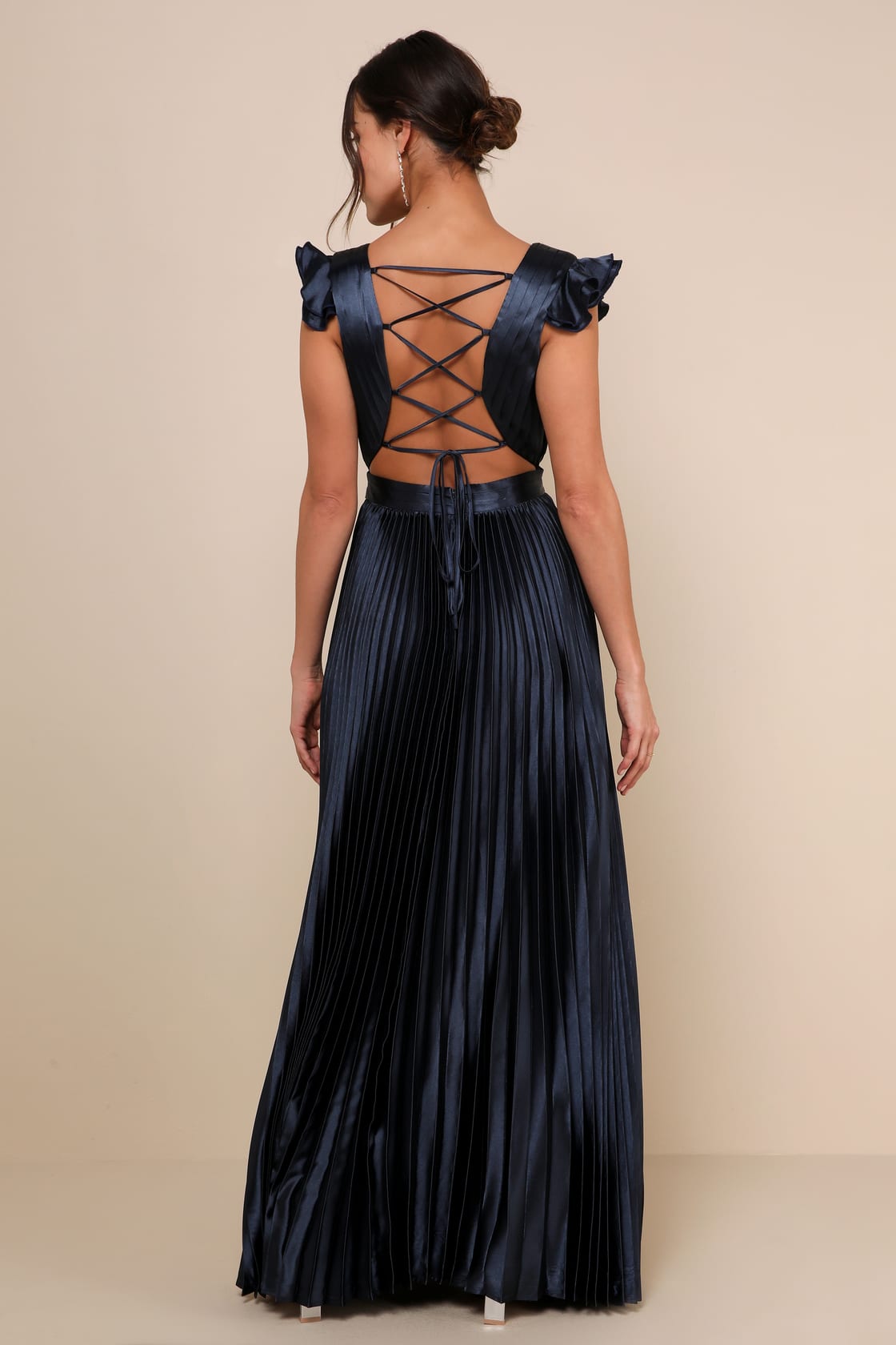 Exceptional Drama Navy Blue Satin Lace-Up Pleated Maxi Dress