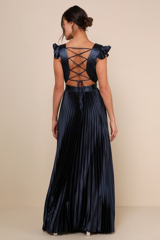 Graceful Finesse Navy Blue Pleated Long Sleeve Maxi Dress main image 1