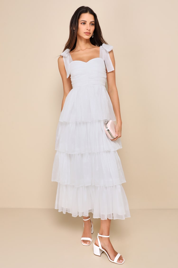 Radiant Arrival Shiny White Organza Tiered Tie-Strap Maxi Dress