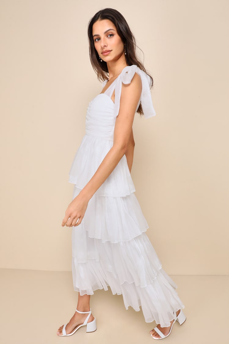 Radiant Arrival Shiny White Organza Tiered Tie-Strap Maxi Dress