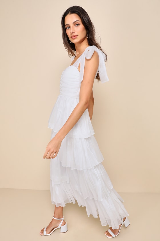 Radiant Arrival Shiny White Organza Tiered Tie-Strap Maxi Dress 4
