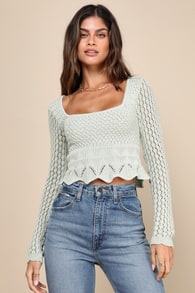 Lucky Cutie Sage Green Crochet Knit Long Sleeve Sweater Top 1