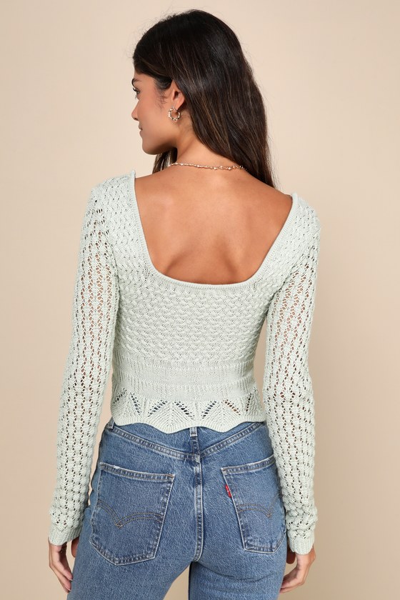 Lulus Lucky Cutie Sage Green Crochet Knit Long Sleeve Sweater Top In Sage Green