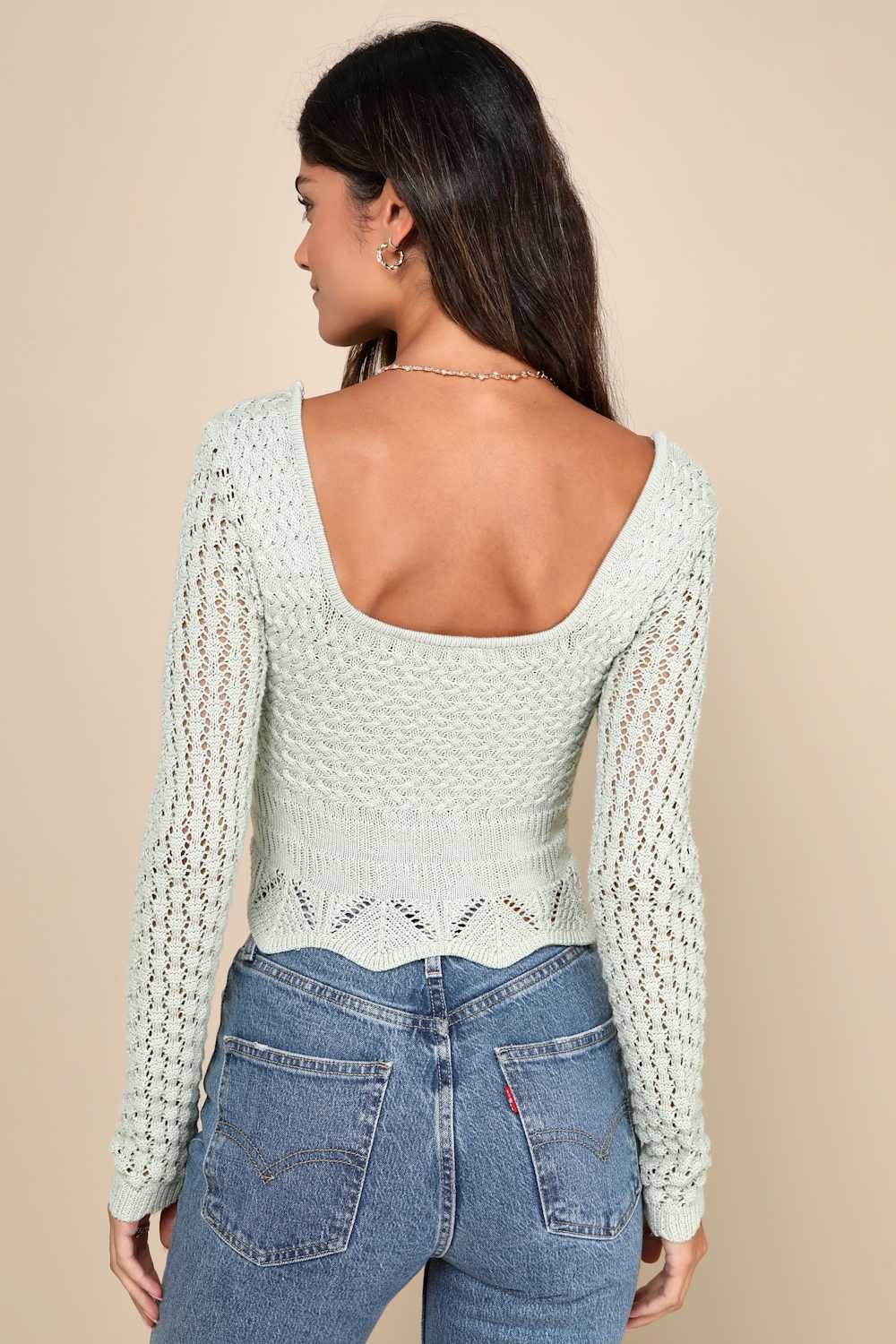 Lucky Cutie Sage Green Crochet Long Sleeve Sweater Top