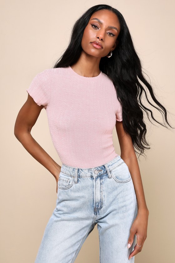 Everyday Bestie Pink Pointelle Short Sleeve Lettuce Edge Tee