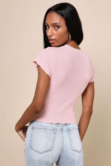 2025 BestGirls Short Sleeve Shirts Pointelle Knit Lettuce Trim Tee Shirt Tops Little Girl Light Pink Blouse Size 6 16 P 152973419