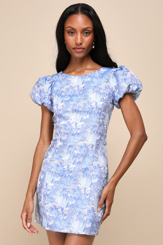 Lulus Exceptional Icon Blue Floral Jacquard Puff Sleeve Mini Dress In Blue