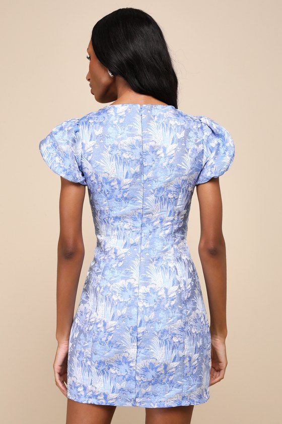 Lulus Exceptional Icon Blue Floral Jacquard Puff Sleeve Mini Dress In Blue