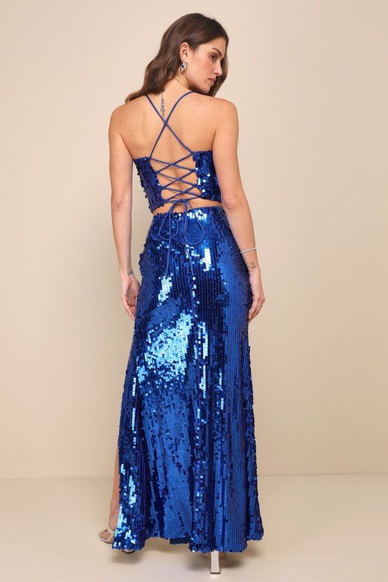 Picturesque Aura Royal Blue Sequin Lace-Up Two-Piece Maxi Dress 3