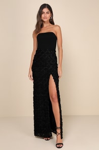 Ravishing Appeal Black 3D Floral Applique Strapless Maxi Dress