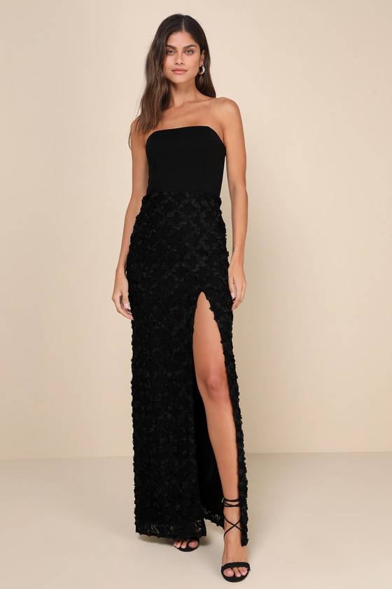 Ravishing Appeal Black 3D Floral Applique Strapless Maxi Dress 5