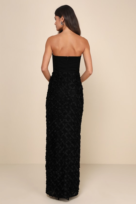 Lulus Ravishing Appeal Black 3d Floral Applique Strapless Maxi Dress In Black