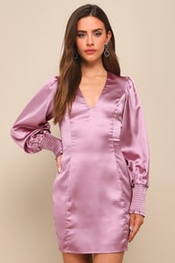 Sleek Beauty Mauve Purple Satin Smocked Long Sleeve Mini Dress