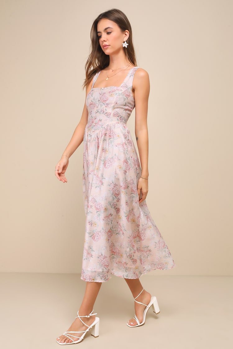 Darling Adoration Blush Pink Floral Midi Dress With Pockets
