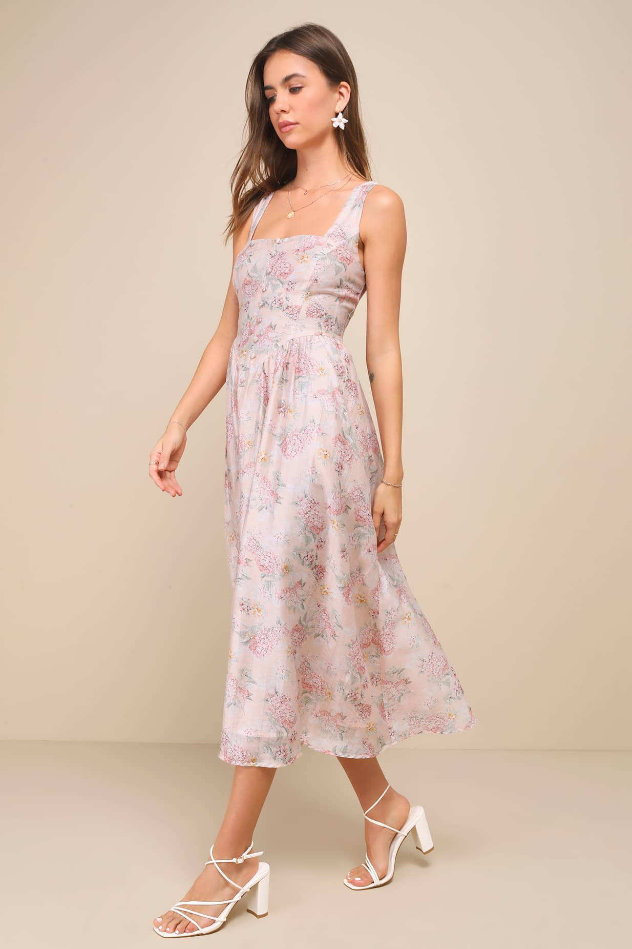 Darling Adoration Blush Pink Floral Midi Dress With Pockets