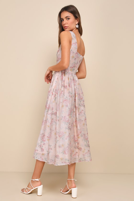 Lulus Darling Adoration Blush Pink Floral Midi Dress With Pockets In Blush Pink