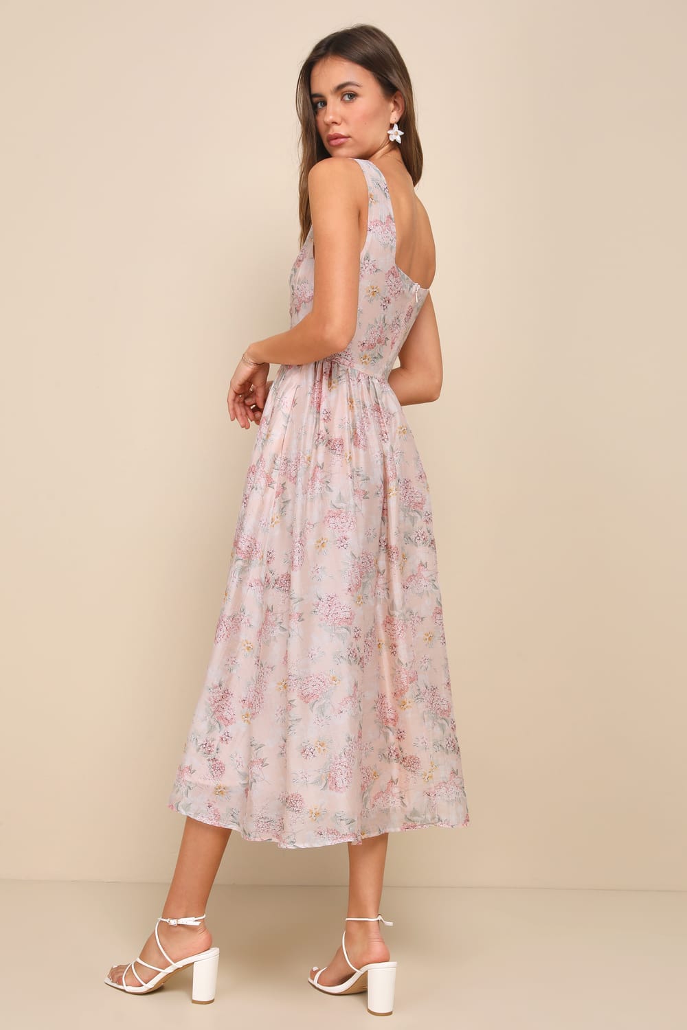Darling Adoration Blush Pink Floral Midi Dress With Pockets