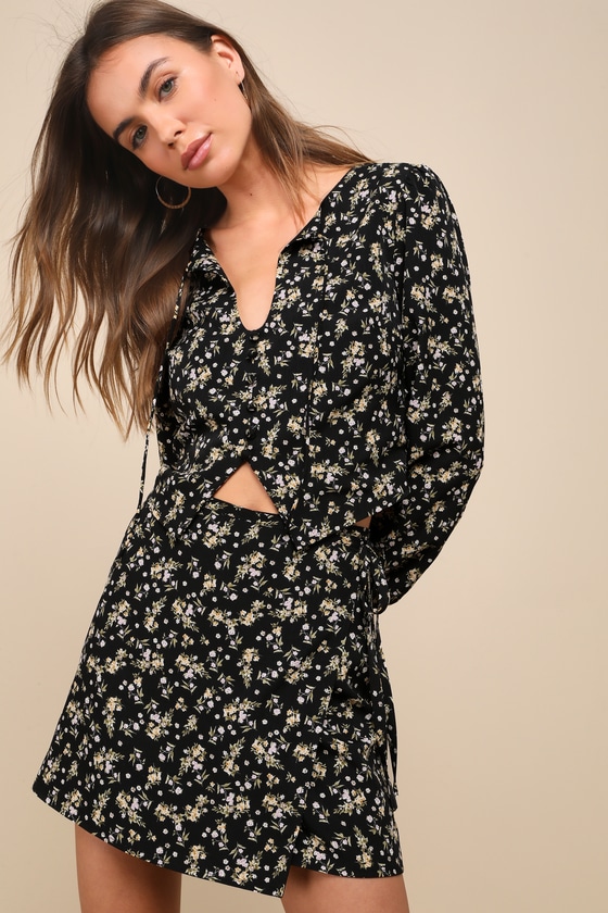 Sophisticated Crush Black Floral Print Two Piece Mini Wrap Dress