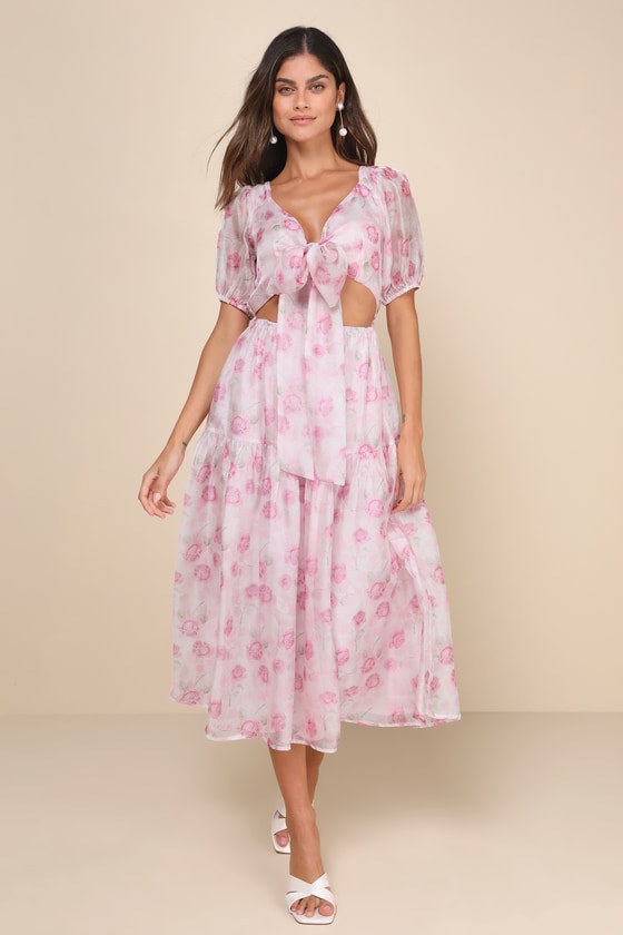 Shop Lulus Ideal Poise Blush Floral Chiffon Backless Tie-front Midi Dress In Pink