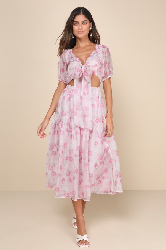 Blush Floral Tiered Dress - Backless Dress - Tie-Front Midi Dress - Lulus