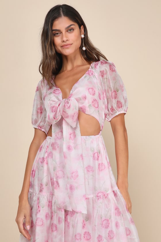Shop Lulus Ideal Poise Blush Floral Chiffon Backless Tie-front Midi Dress In Pink