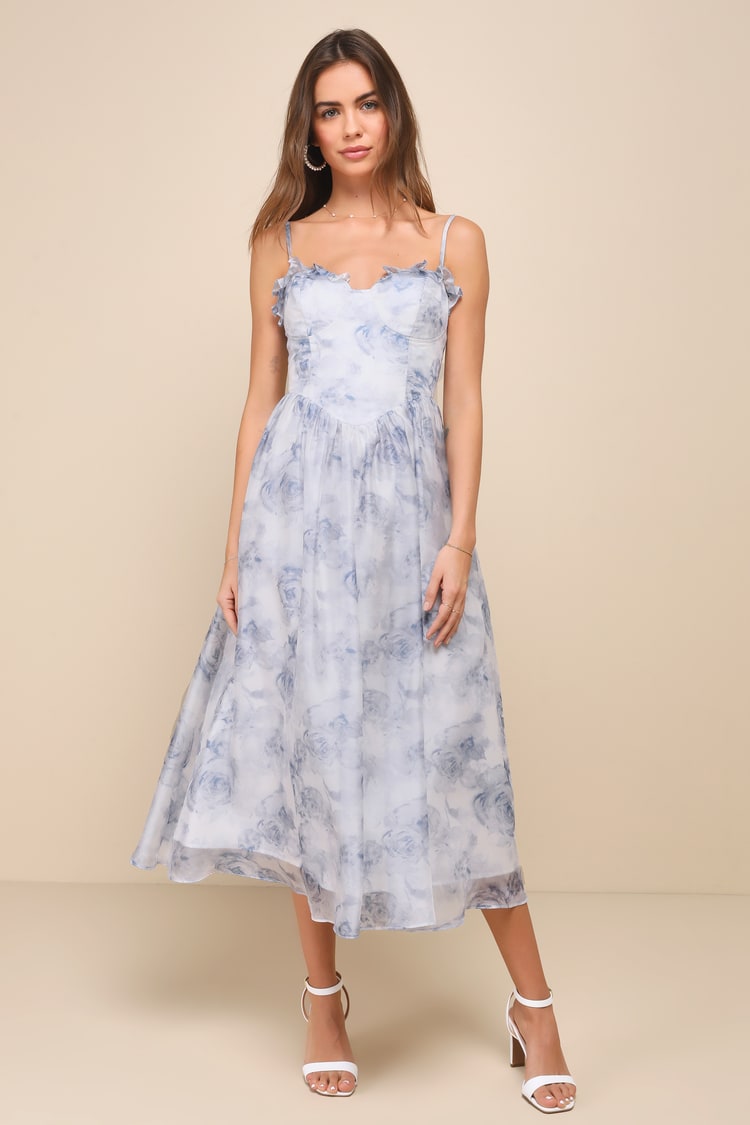 knee length dresses for ladies White & Blue Floral Midi Dress - All Dresses main image 1