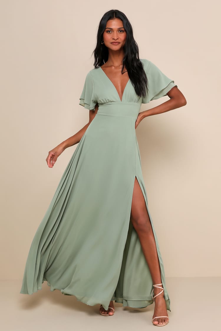 Flutter Sleeve Maxi Dress - Sage Bridesmaid Dress - V-Neck Maxi - Lulus