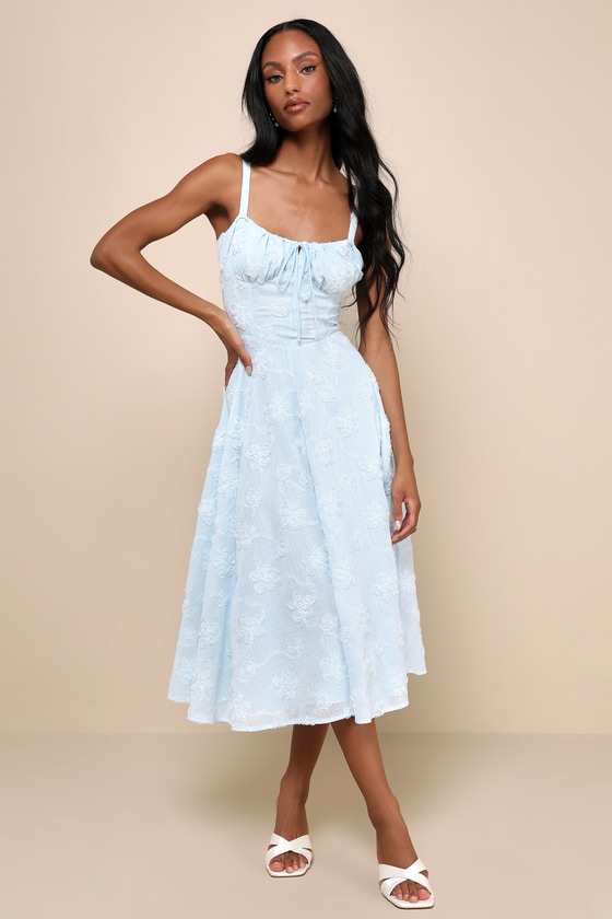 Lulus Darling Confidence Light Blue Rosette Bustier Lace-up Midi Dress In Light Blue