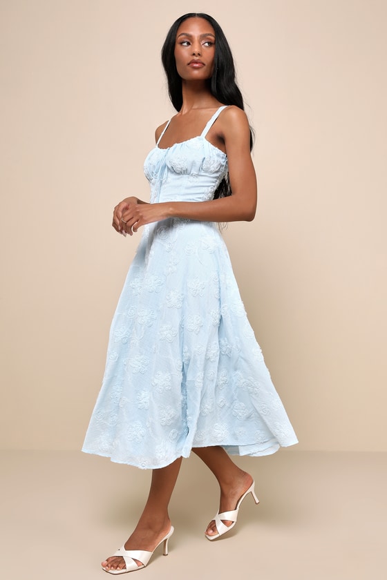 Lulus Darling Confidence Light Blue Rosette Bustier Lace-up Midi Dress In Light Blue