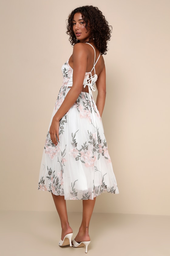 Natural Whimsy White Tulle Embroidered Lace-Up Midi Dress 2
