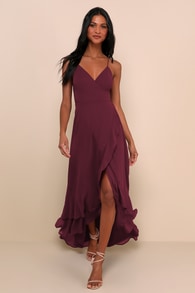 In Love Forever Plum Lace-Up High-Low Maxi Dress