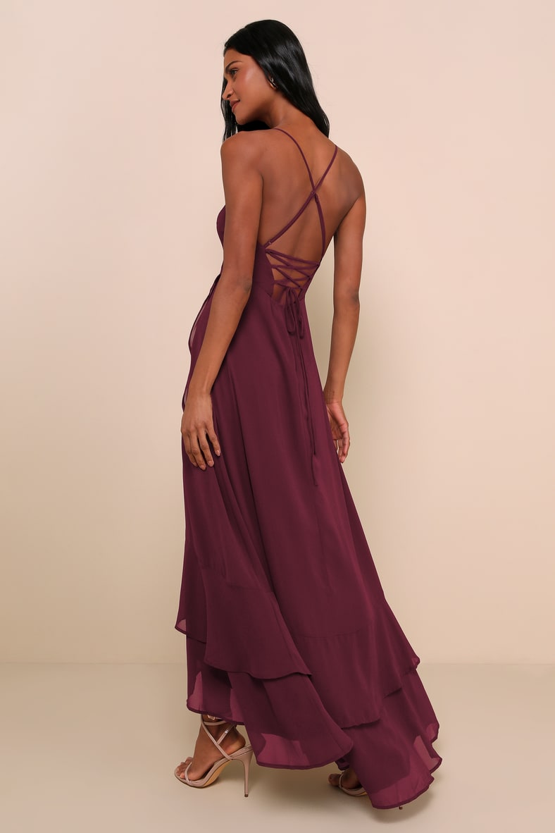 In Love Forever Plum Lace-Up High-Low Maxi Dress