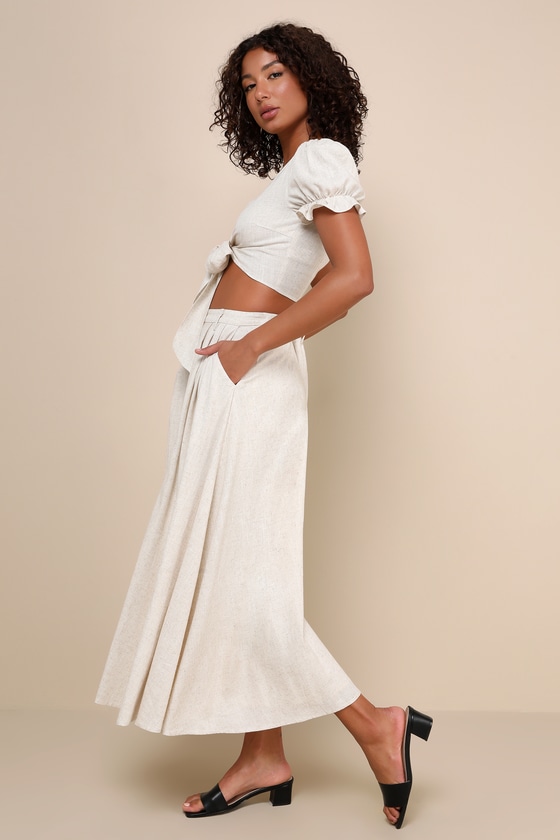 Shop Lulus Sunny Romantic Beige Linen Two-piece Midi Dress With Pockets