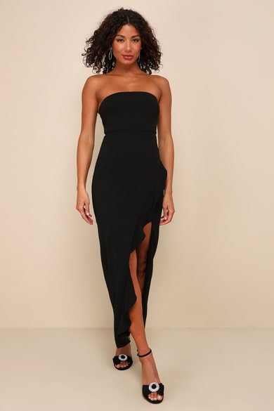 Black Maxi Dress - Strapless Dress - 3D Floral Applique Dress - Lulus