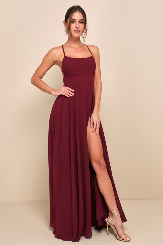 V Neck Mermaid Burgundy Satin Long Prom Dress with High Slit, Mermaid –  abcprom