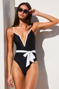 Poolside Chic Black and White Color Block One-Piece Swimsuit