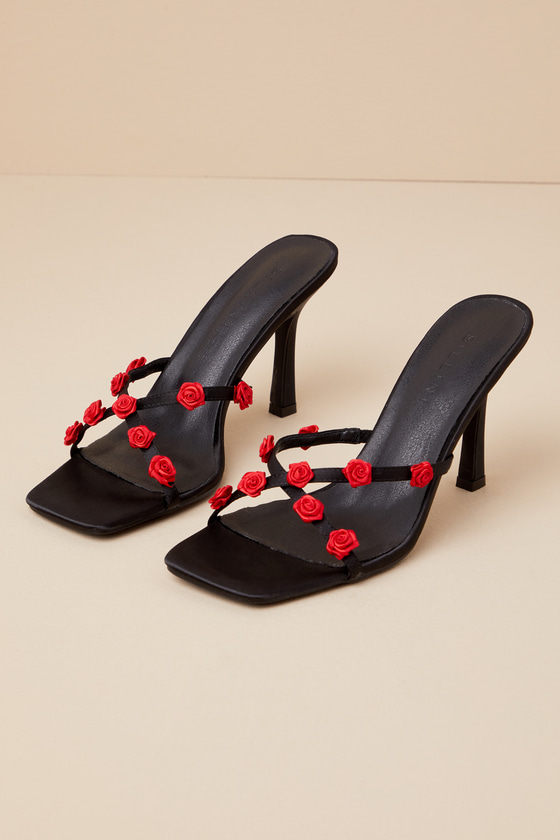 Shilah Black Chili Red Satin Rosette High Heel Slide Sandals 2