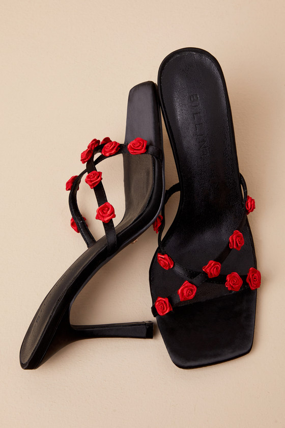 Shop Billini Shilah Black Chili Red Satin Rosette High Heel Slide Sandals