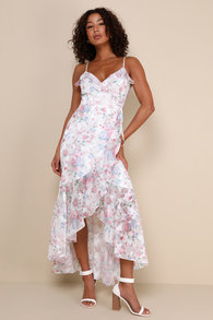 Beautifully Blissful White Floral Print High-Low Wrap Maxi Dress