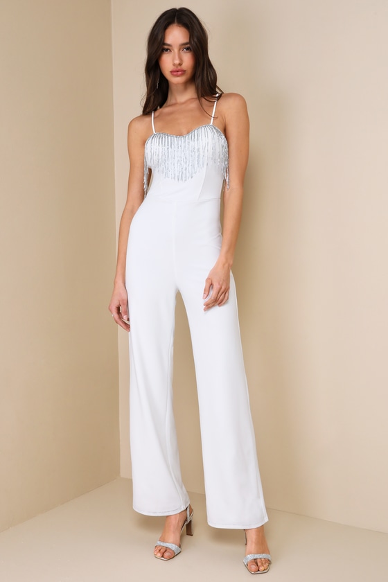 Glamorous Intuition White Beaded Fringe Bustier Jumpsuit 1