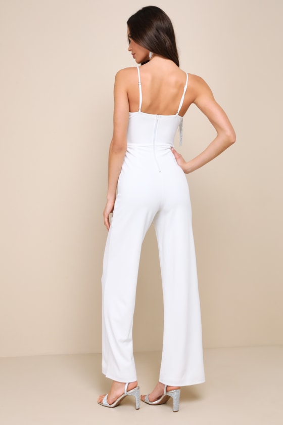 White Beaded Fringe Bustier Jumpsuit Womens Small Available in XS M L 100 Polyester Lulus