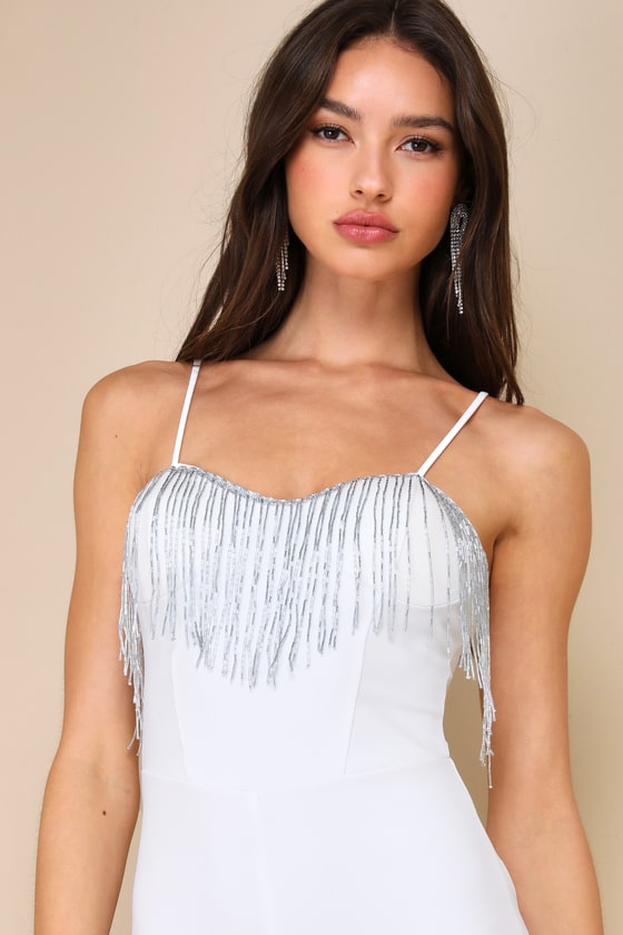 Lulus Glamorous Intuition White Beaded Fringe Bustier Jumpsuit In White