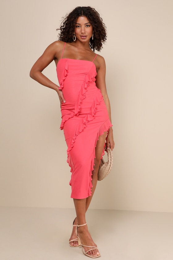Exclusive Perfection Coral Pink Mesh Ruffled Midi Dress 1