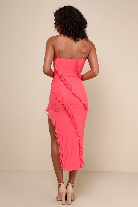 Lulus Exclusive Perfection Coral Pink Mesh Ruffled Midi Dress In Coral Pink