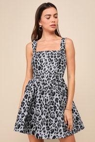 Untamed Cutie Grey Leopard Jacquard Bustier Mini Dress