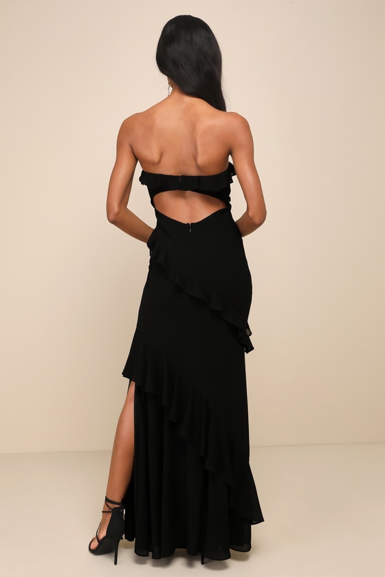 Lulus Dramatic Allure Black Ruffled Cutout Strapless Maxi Dress In Black
