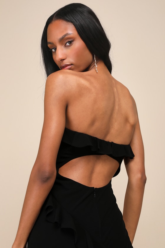 Lulus Dramatic Allure Black Ruffled Cutout Strapless Maxi Dress In Black