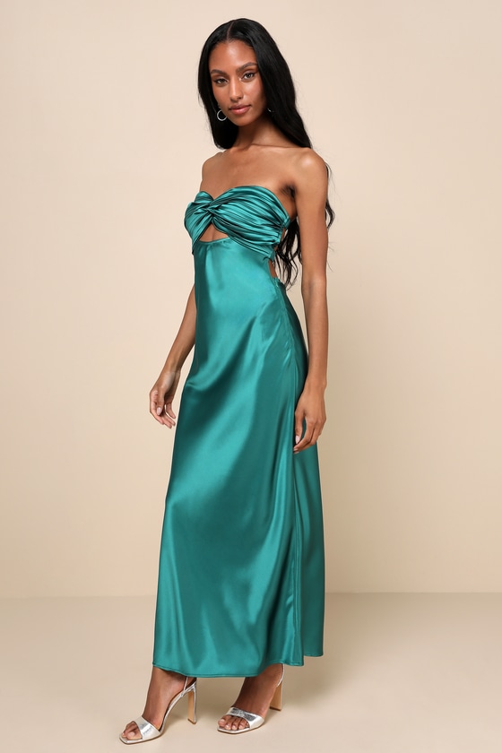 LULUS SO RARE EMERALD GREEN SATIN STRAPLESS TWIST-FRONT MIDI DRESS